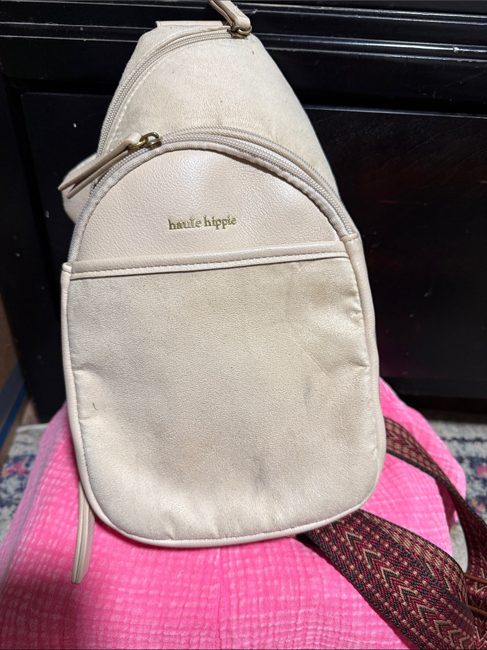 Haute Hippie Cream Mini Backpack with Patterned Strap
